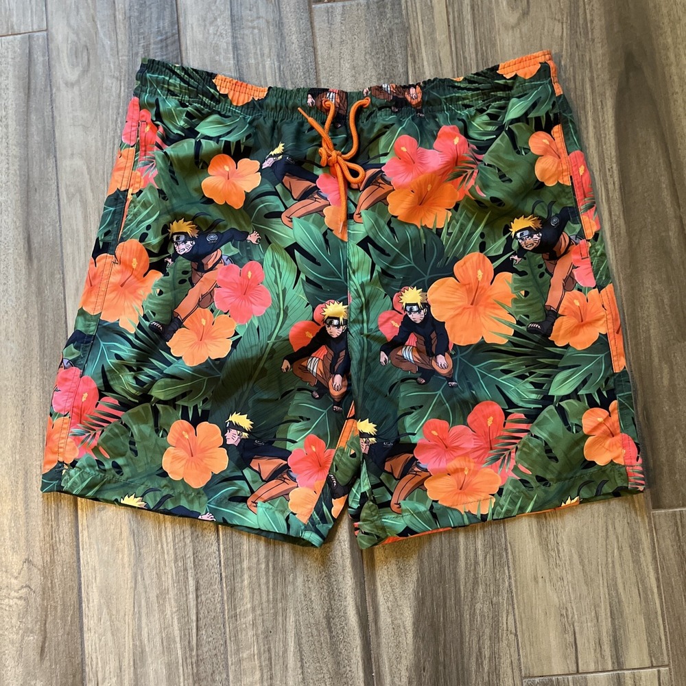 Vntg 2002 Masashi Kishimoto Naruto Print Swim Trunks Mens L Floral Board‎ Shorts